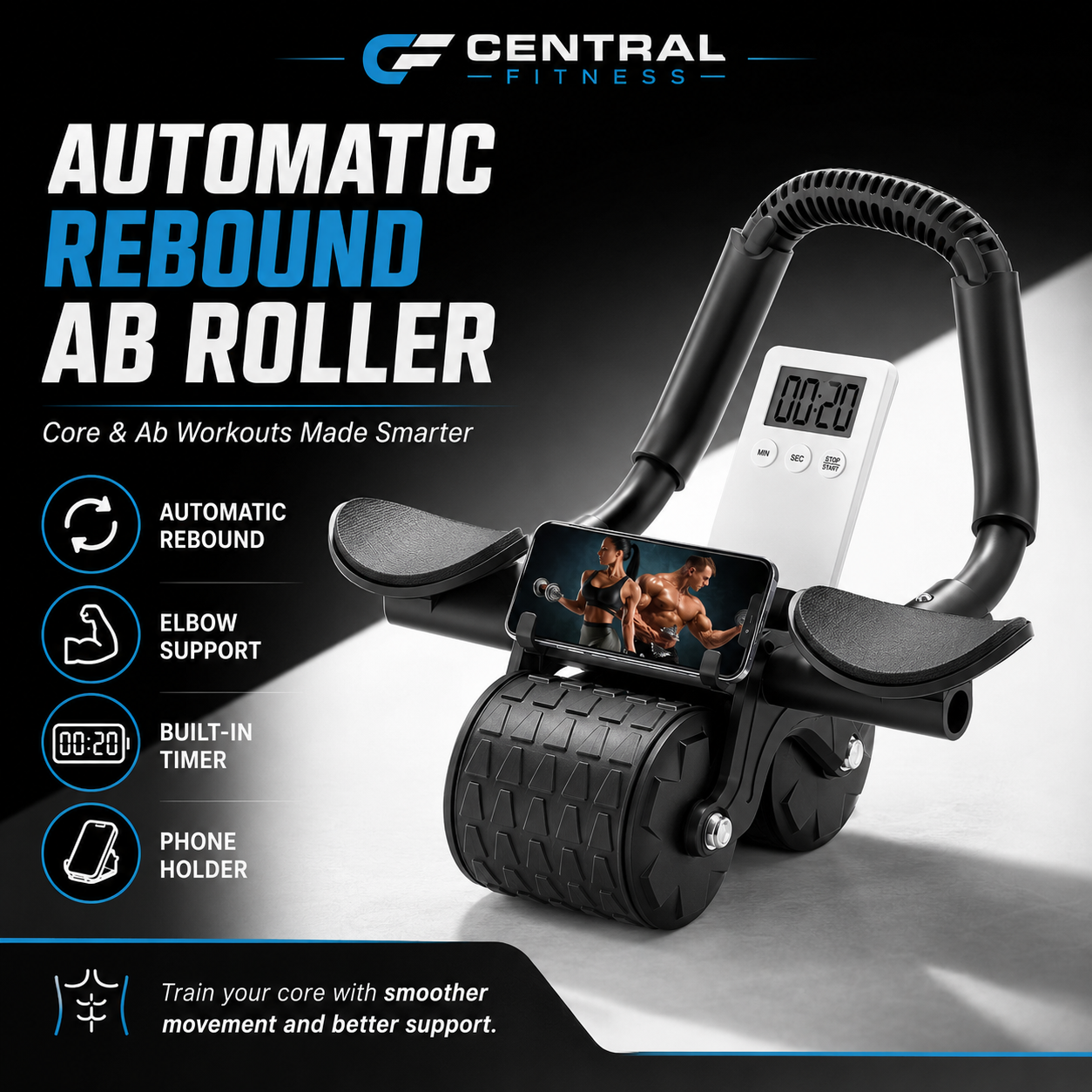 Central Fit Premium Ab Roller with Timer for Core & Ab Workouts