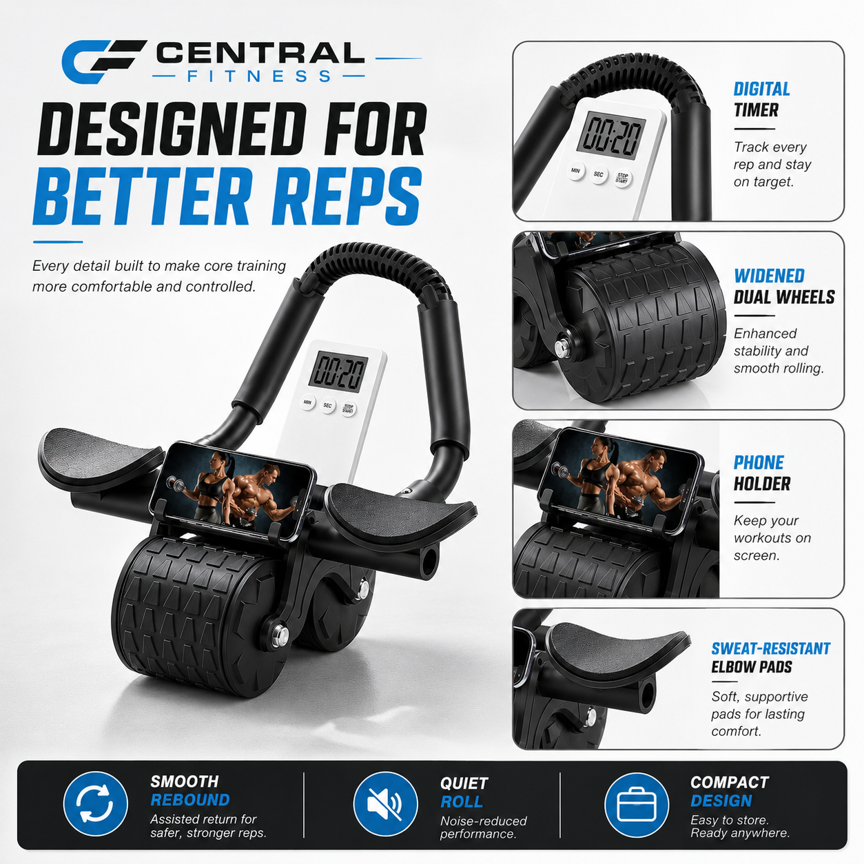 Central Fit Premium Ab Roller with Timer for Core & Ab Workouts